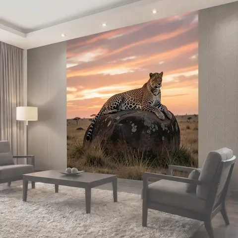 Фотообои Леопард на камне в саванне