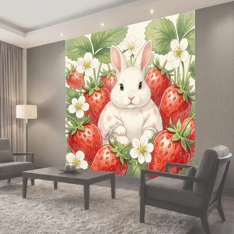 Фотообои Белый кролик среди клубники