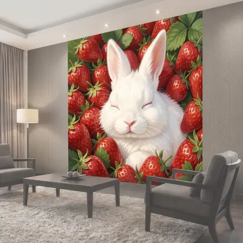 Фотообои Белый кролик среди клубники