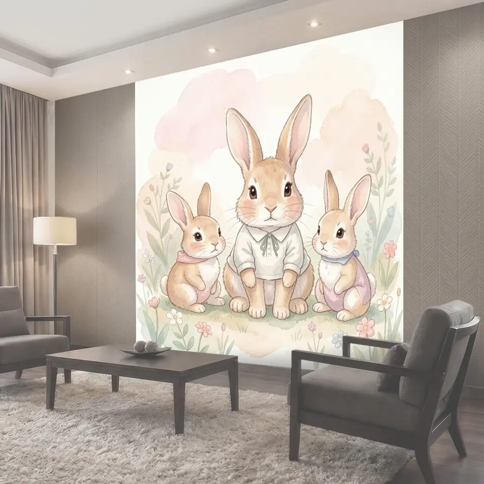 Фотообои Три кролика среди цветов
