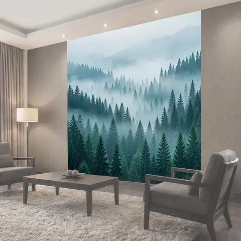 Фотообои Туманный хвойный лес в горах
