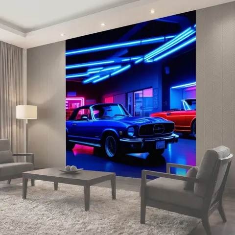 Фотообои Автосервис с кабриолетами, сверкающими под neon огнями