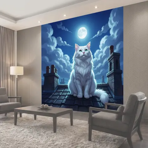 Фотообои Белый кот под лунным небом