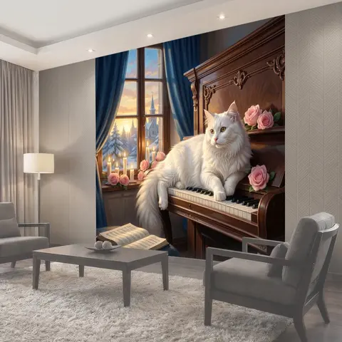 Фотообои Белый кот у рояля