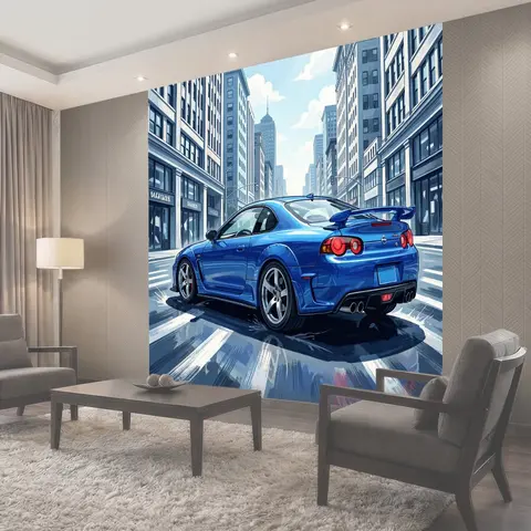 Фотообои Синий спортивный автомобиль на улице