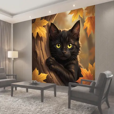 Фотообои Черный кот среди осенних листьев
