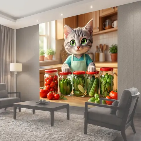 Фотообои Кот на кухне с овощами