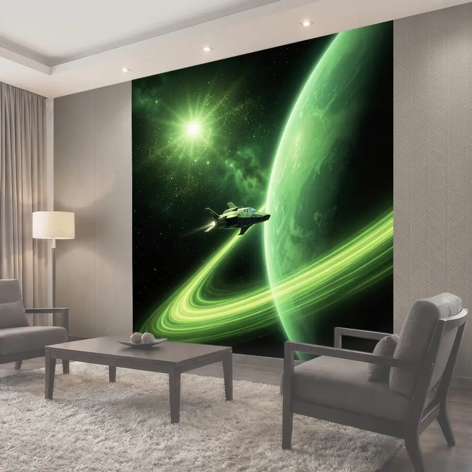 Фотообои Космический корабль у зеленой планеты