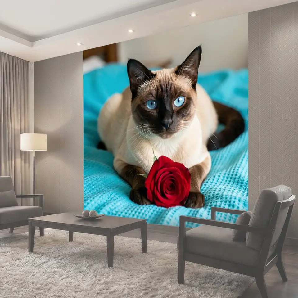 Фотообои Сиамский кот с красной розой