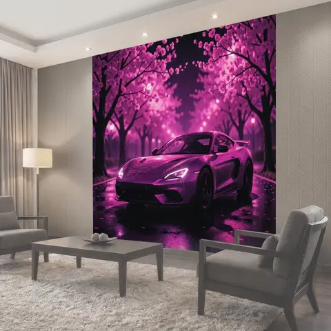 Фотообои Фиолетовый автомобиль в цветущем саду