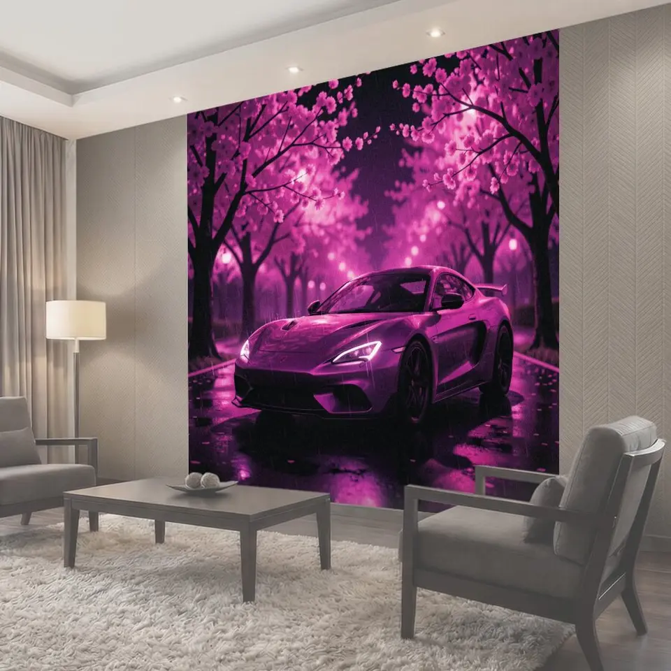 Фотообои Фиолетовый автомобиль в цветущем саду