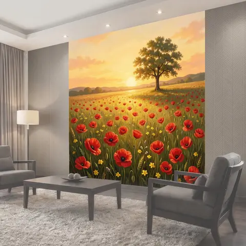 Фотообои Полевые маки на закатном лугу