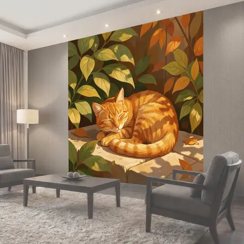 Фотообои Спящий рыжий кот в листве