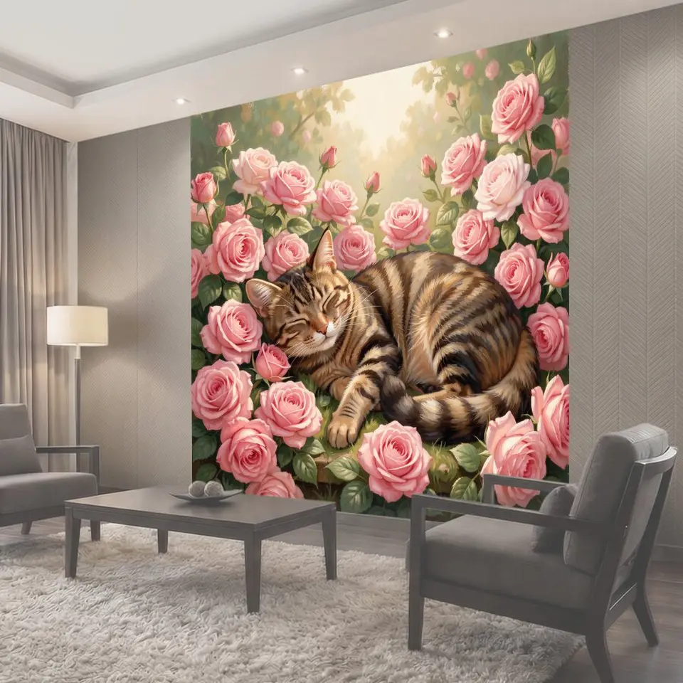 Фотообои Спящий кот в цветущем саду