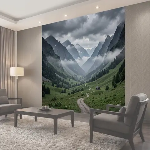 Фотообои Горная долина в тумане