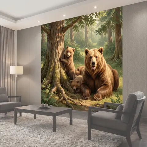 Фотообои Медведица с медвежатами в лесу