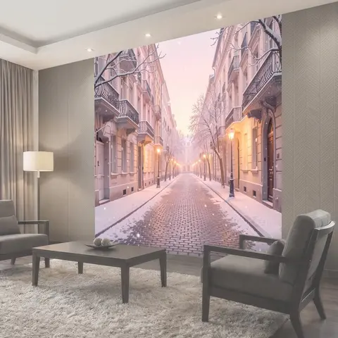 Фотообои Заснеженная улочка в зимнем свете