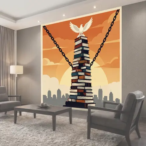 Фотообои Башня из книг и голубь