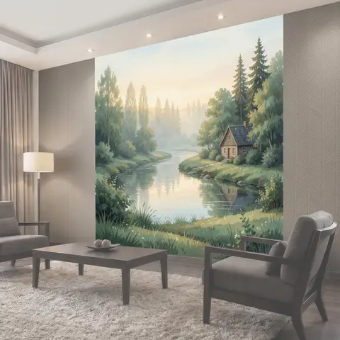 Фотообои Тихий лесной берег с домиком