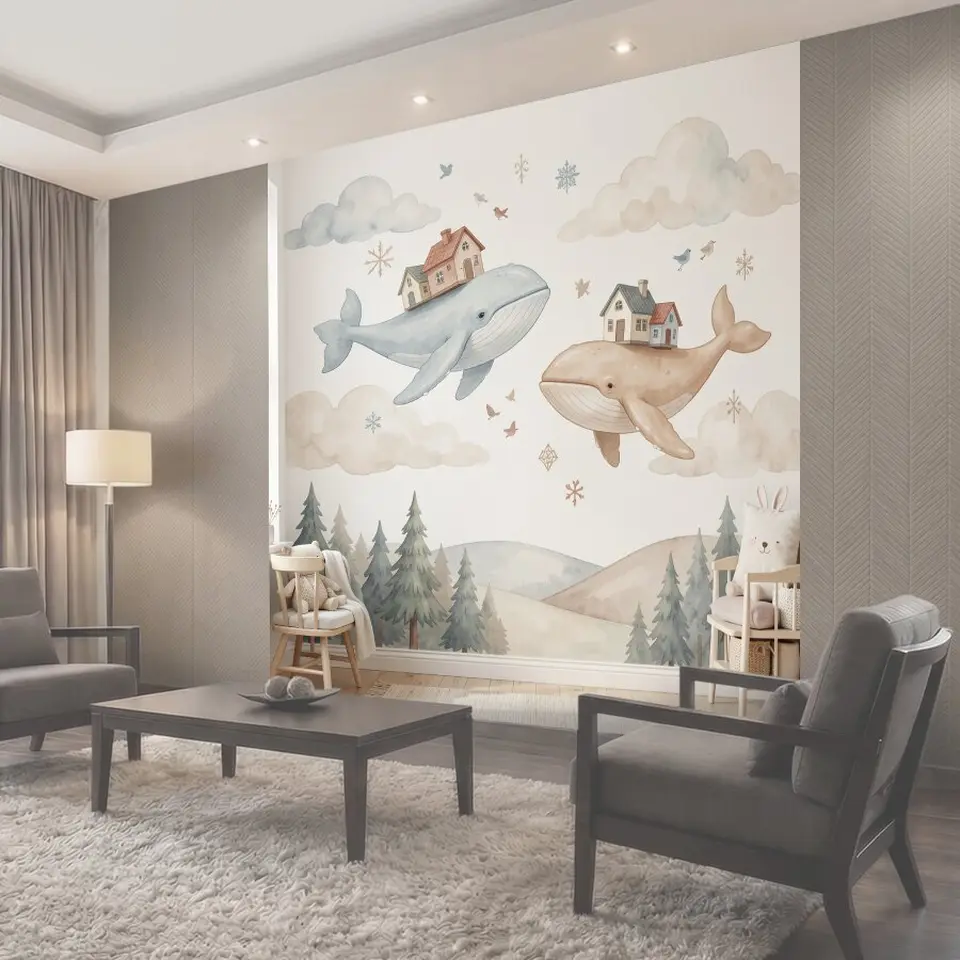 Фотообои Киты с домиками в облаках