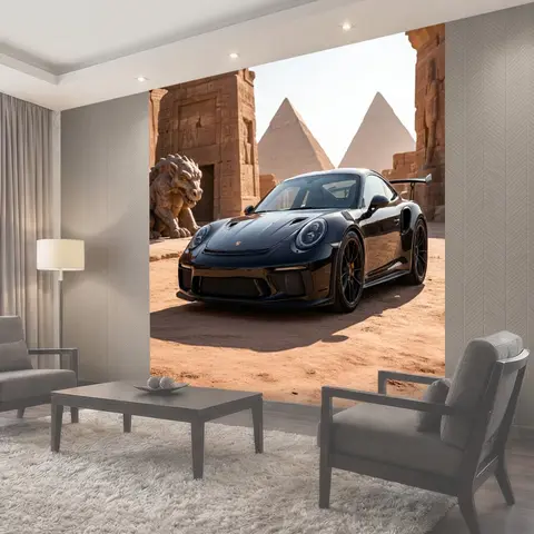 Фотообои Впечатляющее изображение porsche 911 gt3 на фоне живописных химер и геометрических форм, созданных светом