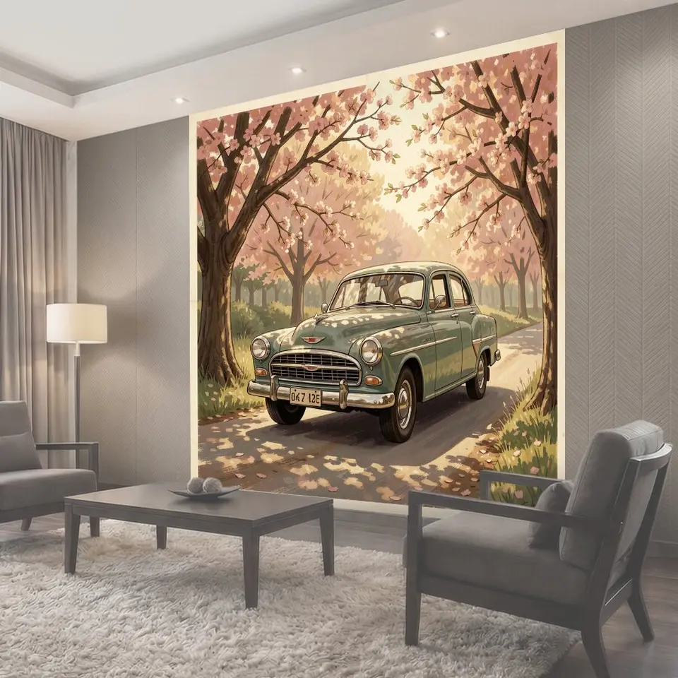 Фотообои Винтажный автомобиль в цветущем саду