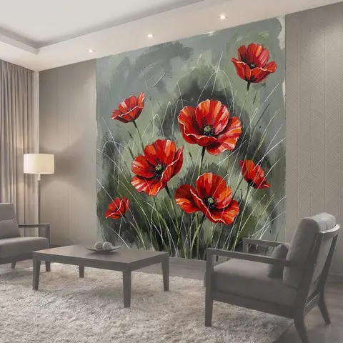 Фотообои Красные маки на сером фоне