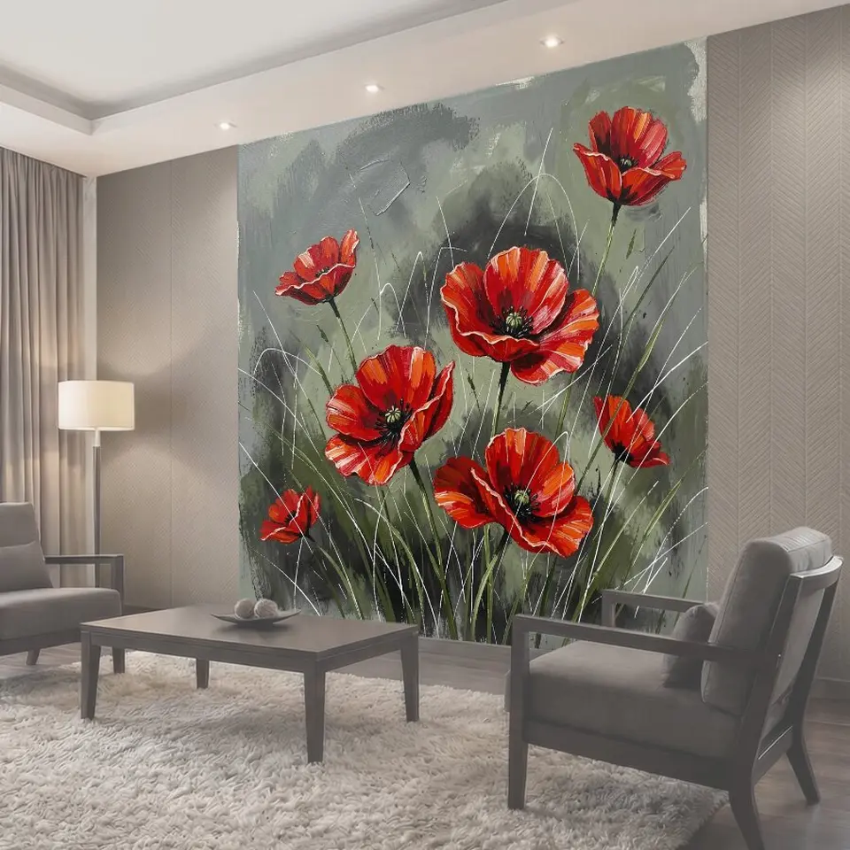 Фотообои Красные маки на сером фоне