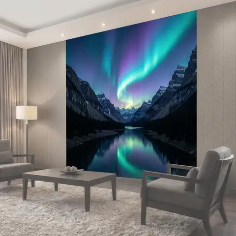 Фотообои Северное сияние над горным озером