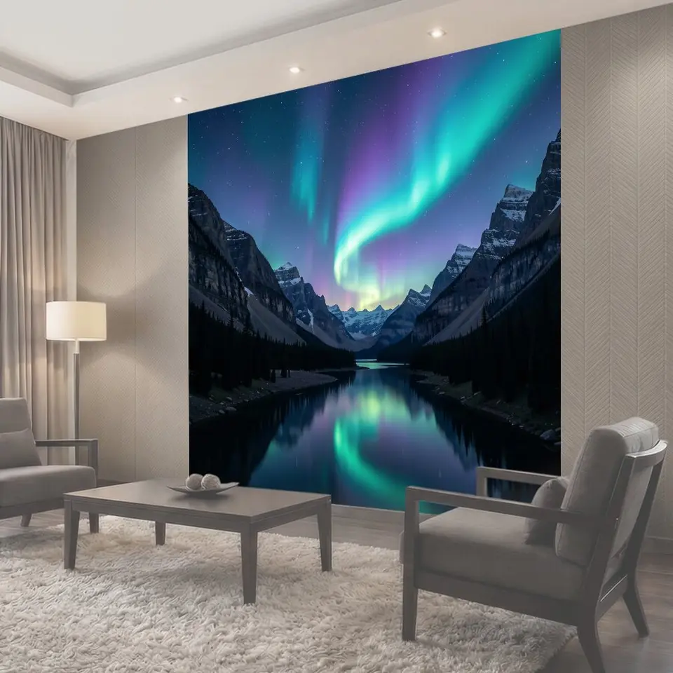 Фотообои Северное сияние над горным озером