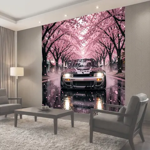 Фотообои Спортивное авто в цветущей аллее
