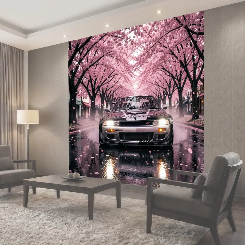 Фотообои Спортивное авто в цветущей аллее