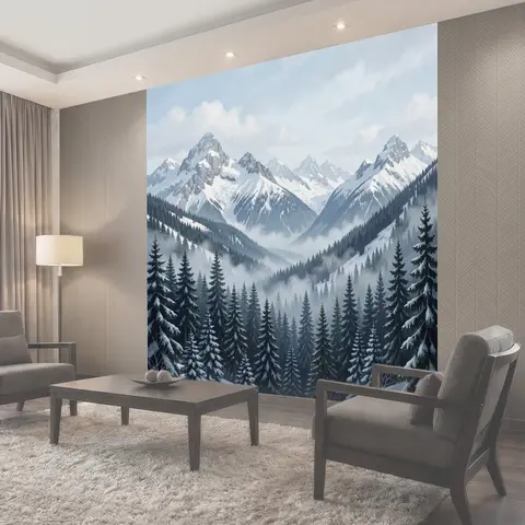 Фотообои Зимний горный пейзаж с елями