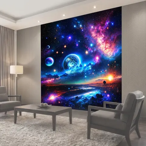 Фотообои Ночь в стиле лоскутный коллаж, космические элементы, планеты, сцена с тёмным небом, яркие акценты