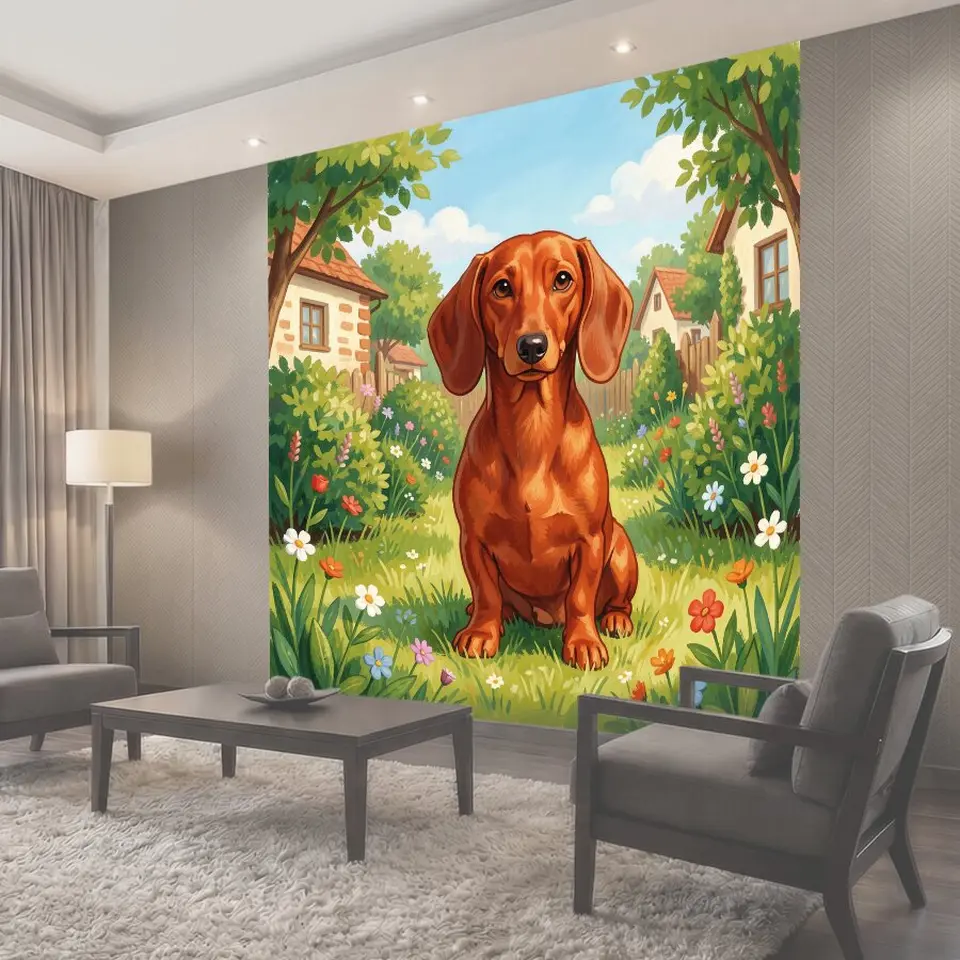 Фотообои Рыжая такса в цветущем саду