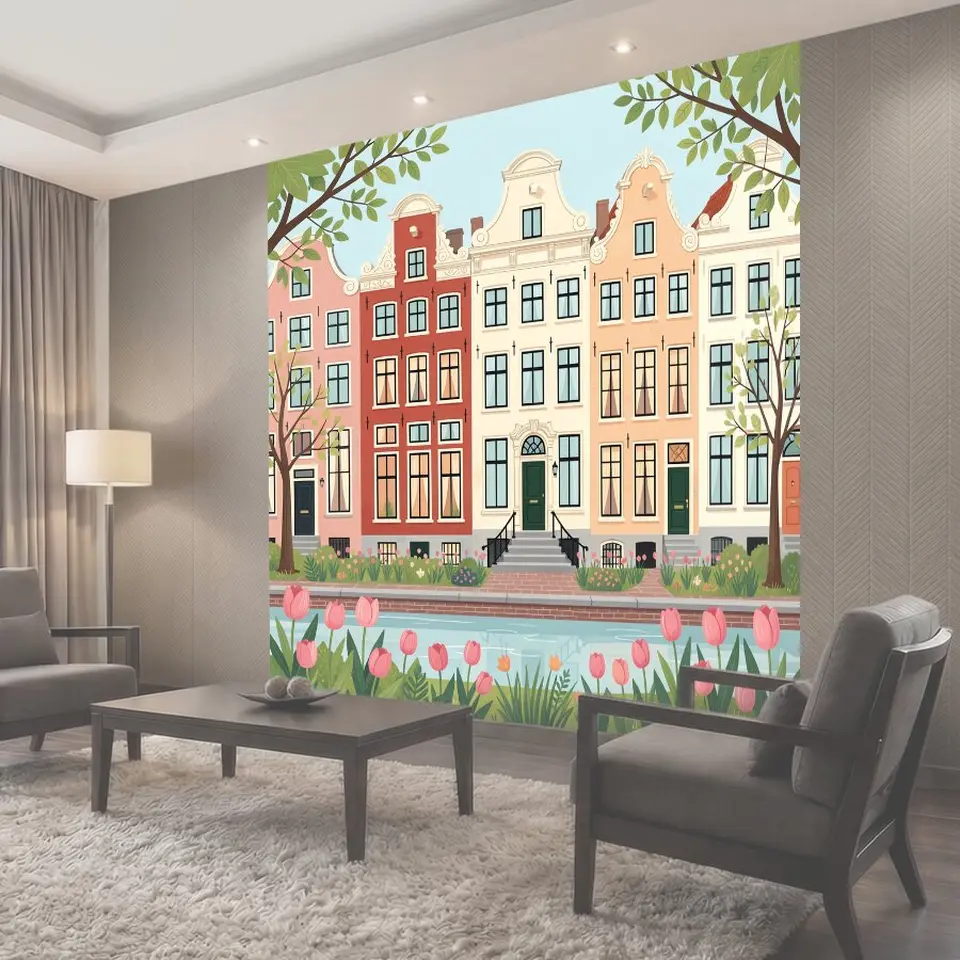 Фотообои Европейские дома у канала с тюльпанами