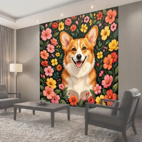 Фотообои Улыбающийся корги среди цветов