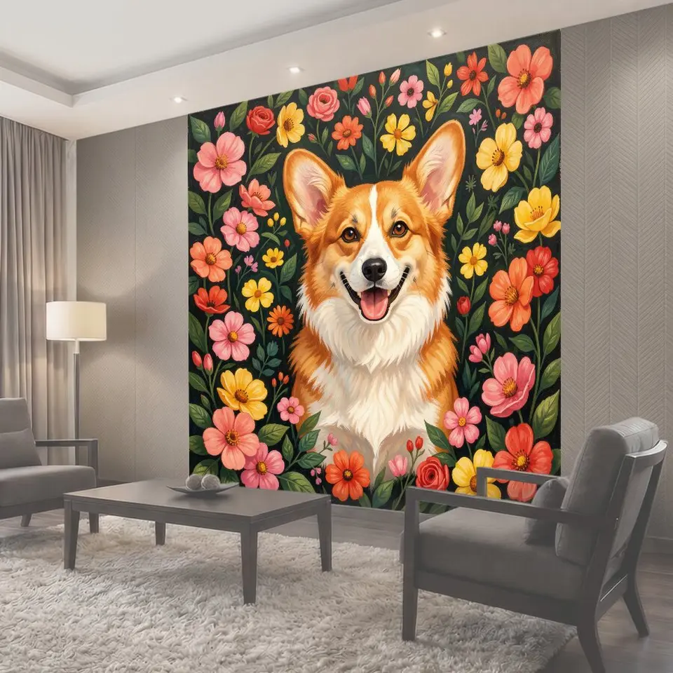 Фотообои Улыбающийся корги среди цветов