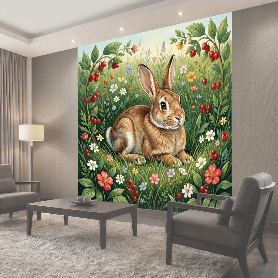 Фотообои Заяц среди луговых цветов