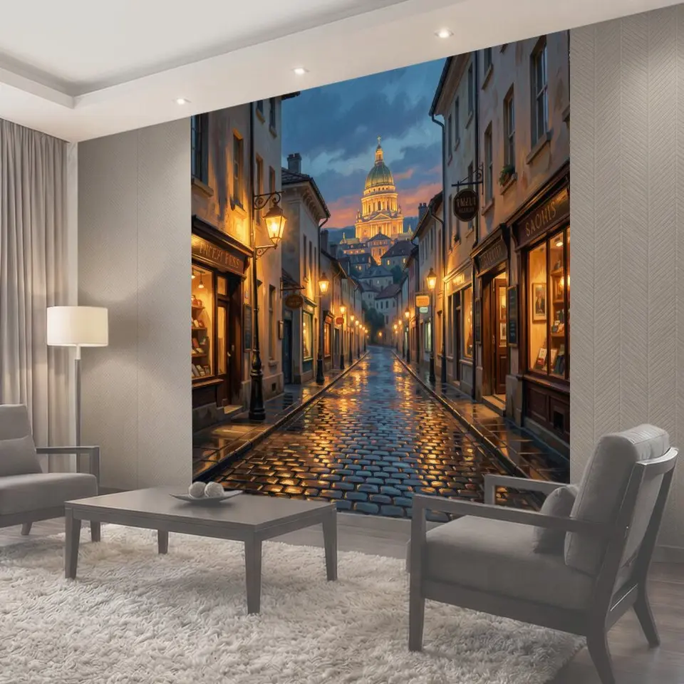Фотообои Ночной европейский переулок с собором