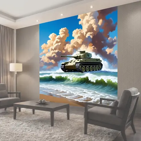 Фотообои Танк на берегу океана, с разбушевавшимися волнами и облаками на фоне