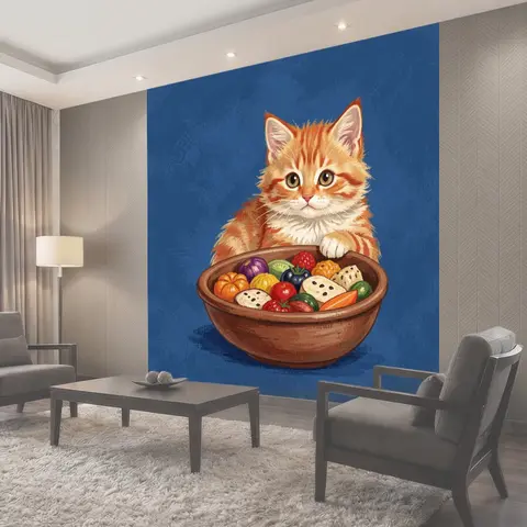 Фотообои Рыжий кот с миской лакомств