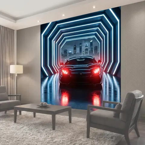 Фотообои Спортивный автомобиль в неоновом тоннеле