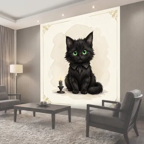 Фотообои Черный кот с зелеными глазами