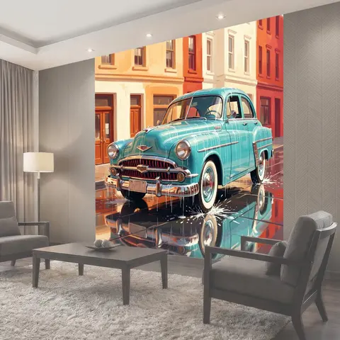 Фотообои Бирюзовый ретро-автомобиль на улице