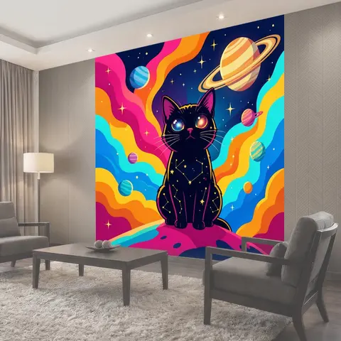 Фотообои Космический кот среди планет