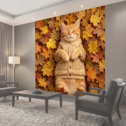 Фотообои Рыжий кот в осенних листьях