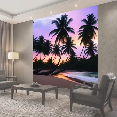Фотообои Закат на тропическом пляже с кокосовыми деревьями