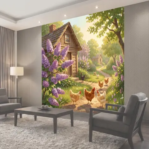 Фотообои Деревенский дворик с курами