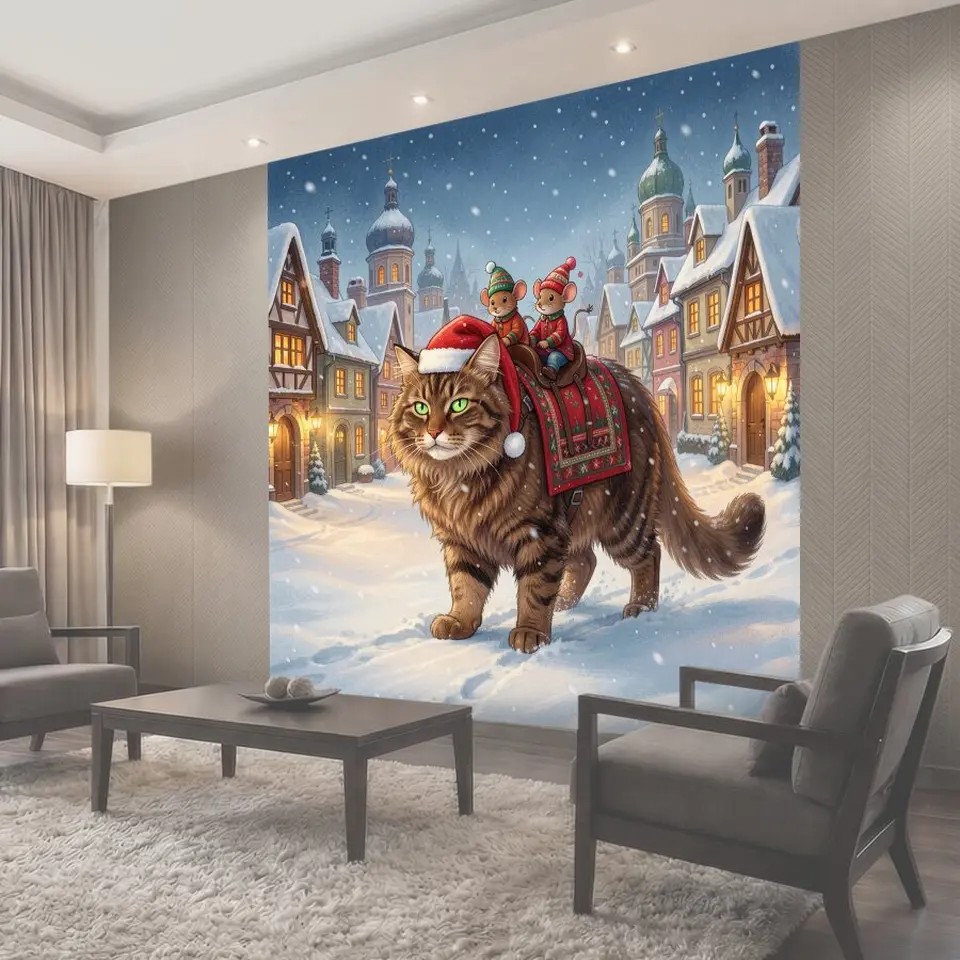 Фотообои Зимний кот с мышатами